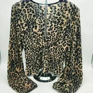 Zara Leopard Print Plunging Neckline Bow Detail Long-Sleeved Silky Blouse Size M